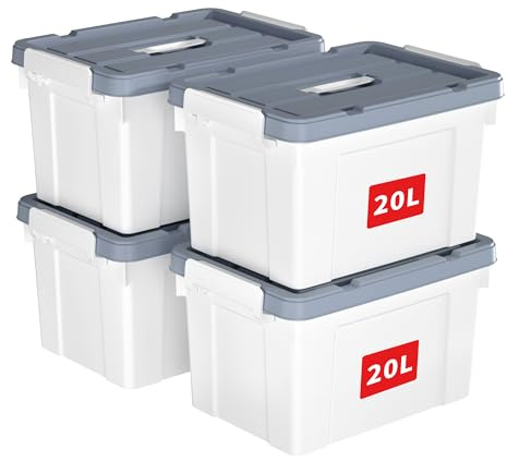 Cetomo 20L*4 Storage Boxes, Carry Plastic Storage Box with Lids, Organizing Container with Handle and Secure Latches, Nestable & Stackable Tote Box for Home Office, 20L-4 Pack, White