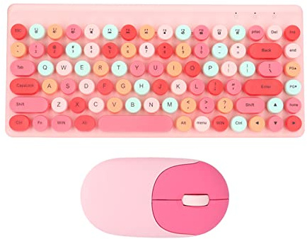 2.4G Wireless Vintage Retro Typewriter Keyboard and Mouse Combo - Round Keycaps, Smart Power Saving, Cute Mix Color for Laptop (Pink)