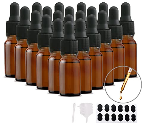 YBCPACK 24 Stück Pipettenflasche 10ml mit Glaspipette, Tropfflasche | Dropper Bottle mit 24 Etiketten, 1 Stift und 4 Trichter, Braunglasflasche für chemikalien, ätherische öle