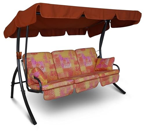 Angerer Hollywoodschaukel Comfort – Schaukel zum Sitzen, Liegen & Entspannen, inkl. Bett-Funktion, einfache Montage, Made in Germany, hochwertiger Stoff, Rosa-Orange-Gelb Gemustert