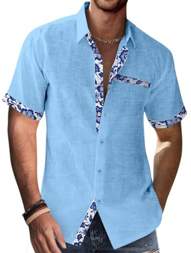 Onsoyours Chemise Homme à Carreaux Manche Courte Coton Lin avec Poche Poitrine Chemise Décontractée Classique Chemisette Homme Lin Chemise Bouton Homme Blouse