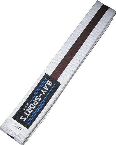 BAY Budogürtel, weiß/braun/weiß, Zweifarbig mit Mittelstreifen, Kampfsportgürtel, Wettkampfgürtel, Karate, Judo, Taekwondo, Tae Kwon Do, (320 cm)