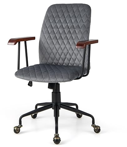 COSTWAY Bürostuhl aus Samt, höhenverstellbarer Drehstuhl, Schreibtischstuhl bis 150 kg belastbar, ergonomischer Samtsessel mit mittlerer Rückenlehne, gepolstertem Sitz, Armlehnen aus Holz, Grau