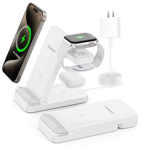 Tribone Kabelloses Ladegerät, 3-in-1, faltbares Schnellladegerät für iPhone 17, 16, 15, 14, 13, 12, 11 Pro Max, XR, XS, 8 Plus, Apple Watch 11, 10, 9, 8, 7, 6, 5, 4, 3, 2 SE Ultra, für AirPods Pro 4