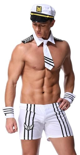 Duohropke Herren Matrosen Dessous Shorts mit Hut Kragen Krawatte Manschetten Seemann Uniform Reizwäsche Sexy Rollenspiel Outfits