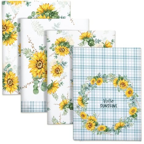 Arquiel Sunflower Kitchen Towel 100% Cotton Quick Dry Dish Towels 48 x 70CM, Dishcloth Hand Towels for Housewarming Gifts Dining, Home, Wedding, Banquet, Buffet (Set of 4)