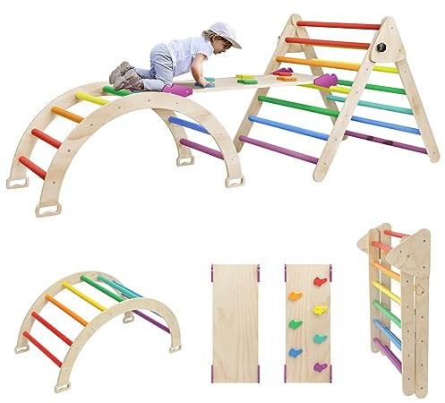 EDOSTORY 5 in 1 Pikler Triangle Set, Indoor Playground and Gym for Kids, Foldable Wooden Montessori Climbing Set Triangle Ladder Set with Slide and Climbing Ramp, Gift for Boys Girls(Rainbow)
