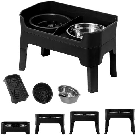 FOREYY 4-in-1 Adjustable Elevated Dog Bowls with Slow Feeder, 4 Height Non Slip Raised Dog Bowl Stand with 2 Stainless Steel Food Water Bowls & Licking Plate for Small Medium Large Pets (Black)