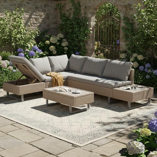 Merax Rattan Garden Furniture Sofa 5-Seater, Garden Corner Sofa with Coffee Table, Garden Entertaining Funiture Set with Side Desk Storage, Anti-UV Removable and Washable Cushions, Khaki
