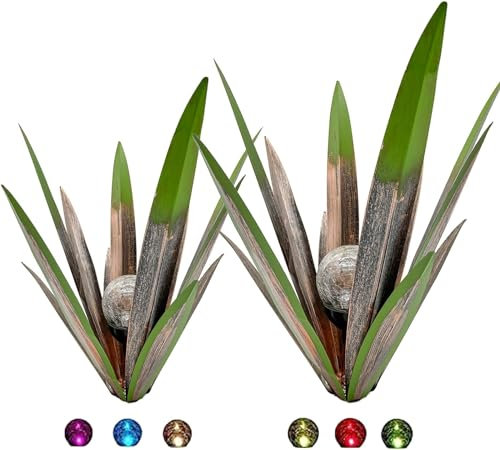 Lot de 2 grandes plantes d'agave en métal - Sculptures rustiques en tequila - Plantes d'agave rustiques en métal pour jardin, pelouse, maison, piquets de cour, figurines de jardin, terrasse extérieure
