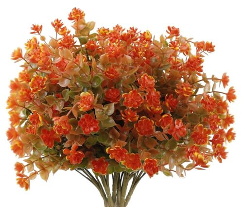 Filltown Autumn Flowers Artificial Outdoors Fake Flowers, 8 Bundle Faux Flowers UV Resistant, Autumn Eucalyptus Plants for Outside Indoors Hanging Basket Greenery Shurbs, Fall Home Garden Decoration