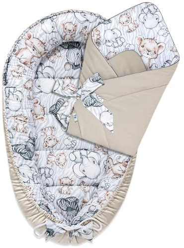 Pepi - Babynestchen Set Babynest 2in1 - Kegel aus 100% Baumwolle und Samt- Schlafsack Baby Abdeckhaube - Pucksack Baby Pucktuch - Pucktuch Baby - cottone&Velvet (Safari Cappucino)