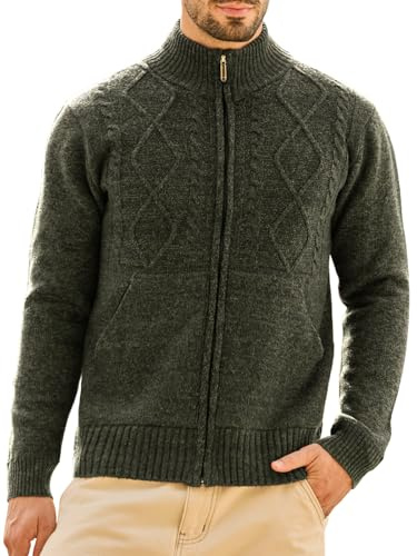 Les umes Chaqueta Cardigan Chaleco para Hombre a Punto Grueso, con Cuello Alto, Estilo Casual y Cierre Cremallera por el Frente | Prenda Cálida de Forro Polar para Otoño e Invierno Verde 2L