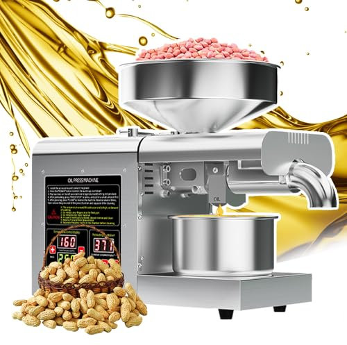 json2xml Panello Automatico Olio d'oliva, pressa per Olio in Acciaio Inossidabile con Pannello Controllo della Temperatura e tramoggia da 6 Litri, frantoio Elettrico Commerciale da 1100 W, 5-8 kg/h