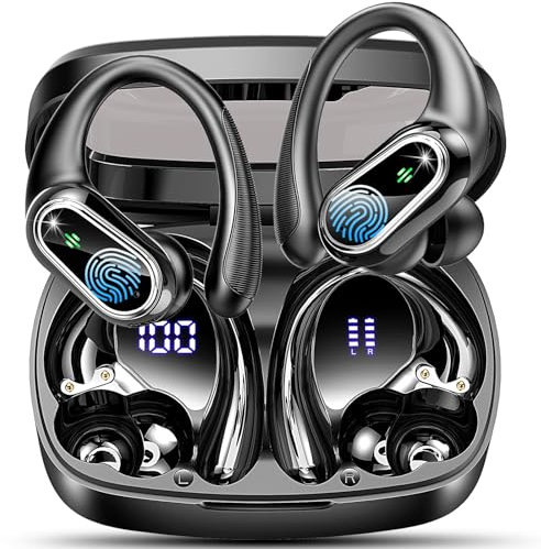 Wireless Earbuds, Bluetooth 5.3 Sport Headphones HiFi Stereo Noise Cancelling Earbuds with Mic, Wireless Headphones 50H Dual LED Display, In Ear Ear Buds with EarHooks, IP7 Wireles Earphones Running