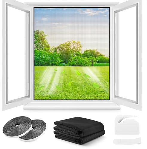 Fliegengitter Fenster ohne Bohren,DIY 130x150cm,2 Stück, Verdicktes Netz,Insektenschutz Fenster mit Klettband+Zuschneider+Presshilfe,Schwarz