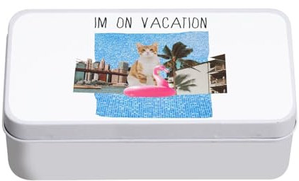 Fabulous I'm On Vacation Cat Collage Vintage Illustration Art Humour Parody Animal Tin 11 x 18.5 x 5.5 cm Storage Box, Key, Tools, Lunch Box, Sugar, Biscuit White
