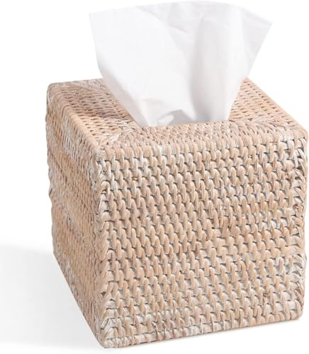 Kosmetiktücherbox aus Rattan, 14 x 14 x 14,5 cm Handgewobener Quadratisch Taschentücherbox, Natürlicher Dekorativer Taschentücherbox, Taschentuchspender (Quadrat, Weiß)