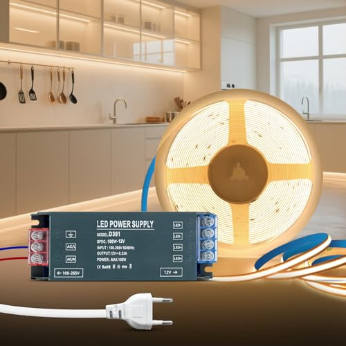 KSIBNW Tira LED COB 12V Autoadhesivo, 5M Luces LED Habitación Blanco Natural 4000K Cortable Flexible 320LEDs/M Tira Luces Ancho 8mm con Transformador 12V y Cable de Alimentación para Cocina, Espejo