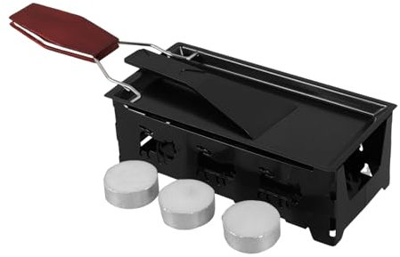 FONDOTIN Portable Non-Stick Raclette Pan Set with Foldable Wooden Handle, Mini Cheese Melter Grill for Outdoor BBQ, Includes 3 Candle Warmers, Black Baking Pans Kit for Cheese Grilling