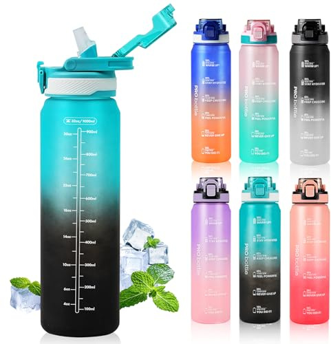 SEASEVEN Sports 1L Water Bottle with Straw for Gym,Office,Travel | Plastic Drinks Bottle,1 Litre Water Bottles with Time Markings,Waterbottle Leak Proof-Bpa-Free for School,Outdoor