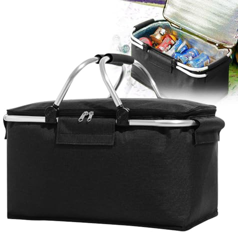 Faltbarer Einkaufskorb Kühltasche, Große Isolierkorb Thermokorb Picknickkorb, Wasserdichter Kühltasche, Seitenstütze 2 Griffe Aufrechtes Aufstellen (Schwarz)