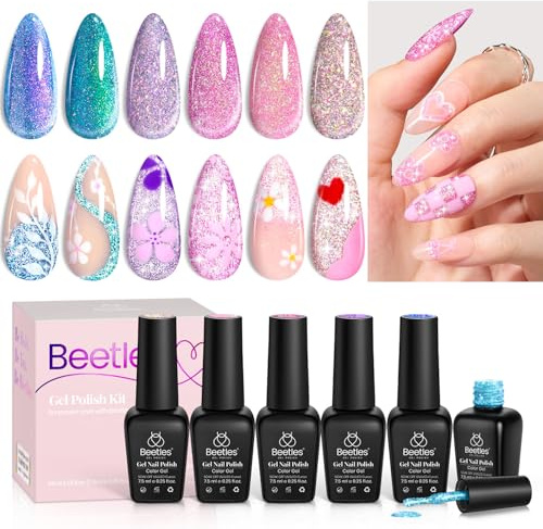 Beetles Glitter Gel Nagellack, 6 färger gnistrande rosa lila blå nagellack set kameleont krossad diamant multifunktionell STD-Off UV nagelgel DIY manikyr