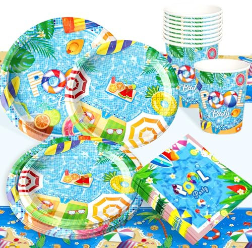 51 PCS Swimming Pool Party Supplies Beach Theme Plates Napkins Beach Party Tablecloth Swimming Pool Accessories