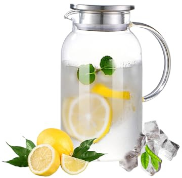 Glass Water Pitcher with Lid and Spout Ideal for Cold and Hot Beverages Refrigerator Safe Durable Borosilicate Glass Perfect for Iced Tea Juice Sangria Water Milk and More