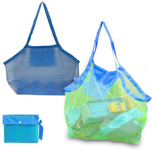 Zamety 2 Pièce Sac Jouet Plage, Sac Filet Plage Grand Léger et Pliable Réutilisable, Idéal pour Le Stockage, Transpo de Jouets (Green + Grey)