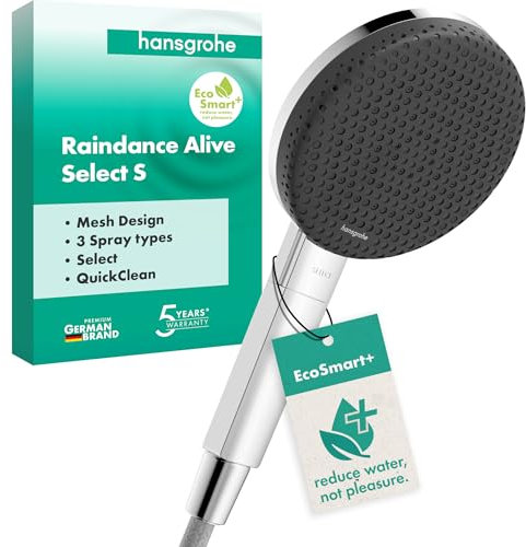 hansgrohe Raindance Alive Select S - ducha de mano ahorro de agua 5,7 l/min (EcoSmart+), alcachofa de ducha con 3 tipos de chorro, cabezal de ducha (125 mm), con sistema antical, cromo, 24512000