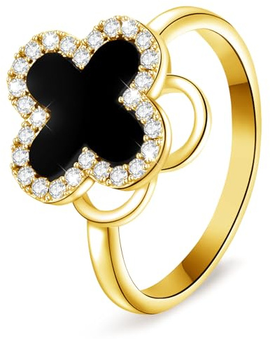 Chritice Ring Gold Damen Kleeblatt Ringe Schwarz, Verstellbar Anxiety Ring Mit Zirkonia Vierblatt Kleeblatt Schwarz Muschel,Offener Drehbarer Stress Ringe Drehbares Clover,Geschenke für Frauen