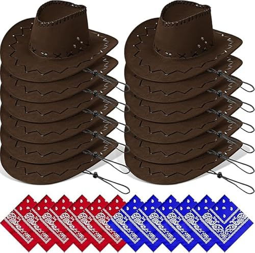 SWHCM 24 Stück Cowboyhüte mit Halstuch – Western Cowboyhut Set für Kostüm und Mottoparty (Braun)