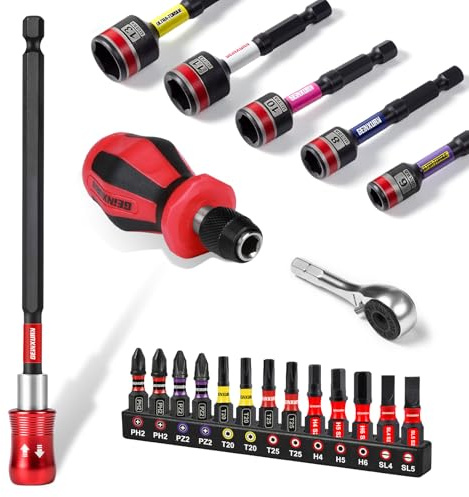 GEINXURN 21tlg. Mini-Schraubendreher Set mit Magnet-Bithalter 100mm Schnellwechselsystem Inkl. 13-teiligem Bitsatz (PH/PZ/Torx/Hex), Steckschlüssel, Mini-Ratschenschlüssel für Heimwerker-Reparaturen