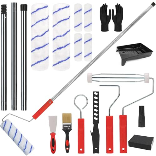 19Pcs Microfibre Paint Roller Kit, 9 & 4 Decorating Rollers, Stainless Steel Extension Pole and Paint Tray, DIY Painting Tools for Walls, Ceilings, Doors & Skirting Boards, Red
