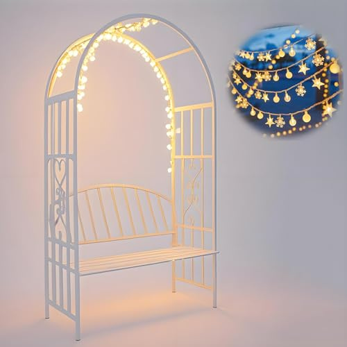 Metal Garden Arch with Bench Steel Arbor Pergola for Climbing Plants & Vines Outdoor Indoor Trellis with Seat Perfect for Wedding & Party Decor Free Atmosphere Light (White)