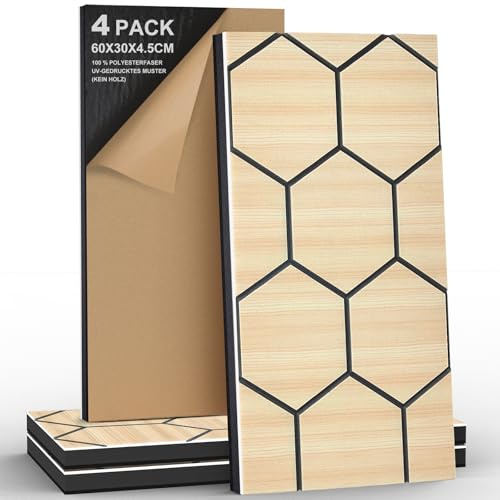 JBER 4 Stück Akustikschaumstoff Platten, Wand Schalldämmung Akustikpaneele Selbstklebend, 3D-Perforiert Dreilagig Dekorative UV-Bedruckte Holzimitat-Faserplatte für Tonstudio, 60×30×4.5cm, Sechseckig