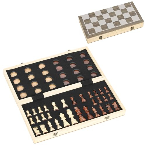 SPORTNOW 15 Inch Wooden Chess Set with Draughts Board Game 2 in 1 Brown | Foldable Chess and Draughts Set, Pine Wood Pieces, Storage Grooves, for Travel, for Adults and Teens