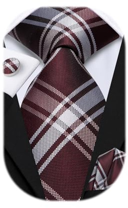 Hi-Tie Silk Burgundy Ties for Men Plaid Paisley Mens Wine Red Striped Necktie Pocket Square Cufflinks Set Wedding Business