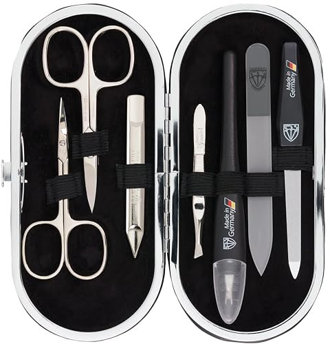 DREI SCHWERTER - Germany 7-tlg. Maniküreset 'Vittoria' | Maniküre Nagelset im ECHT LEDER Etui schwarz | Inhalt: Nagelschere, Hautschere, Pinzette, Glasnagelfeile, Nagelhautmesser uvm