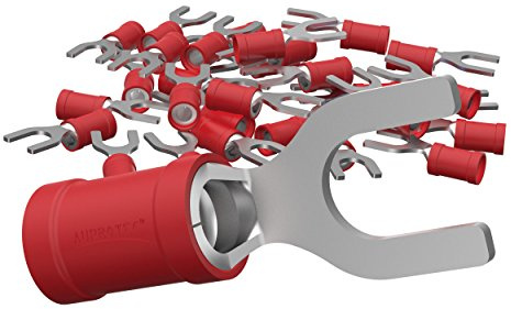 AUPROTEC 50x Gabelkabelschuhe Ø M5 teilisoliert 0,5-1,5 mm², rot | Kabelverbinder und Crimpverbinder für Auto, Kfz, Hifi und Elektroinstallation Kupfer verzinnt