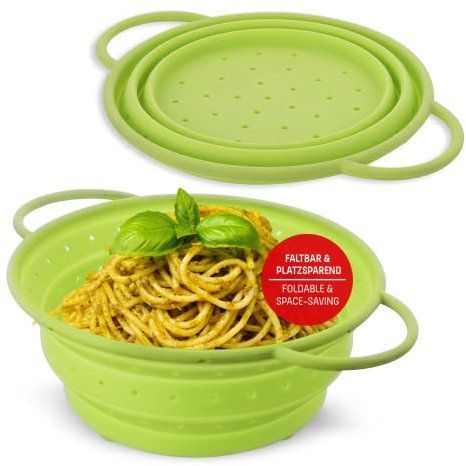 Coolinato Colador plegable de silicona, ahorra espacio, fácil de limpiar y apto para el lavavajillas, verde, 24 cm