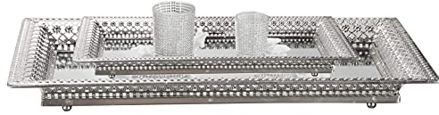 DRULINE 2tlg. Set Spiegeltablett - Tablett Dekotablett - Make up Organizer - Kerzentablett – Schmucktablett – Kosmetiktablett - B/H/T ca. 46/51 x 6 x 24/30 cm - Metall Silber/Spiegel - Geschenkidee