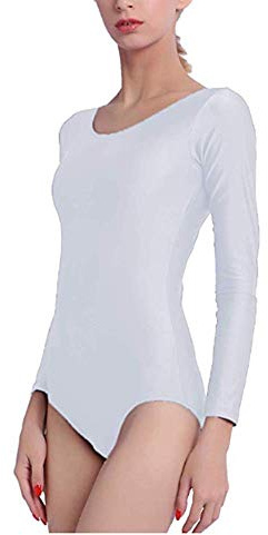 Maillot de ballet pour femme à manches longues et col rond, maillot de danse fille pour danseuse gymnastique, voir le tableau des tailles avant d'acheter, blanc, L