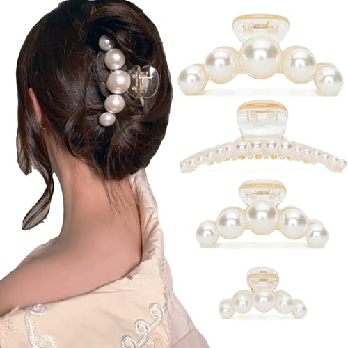 Lot de 4 grandes pinces à cheveux en perles pour femme - Tenue solide - Antidérapantes - Accessoires pour cheveux d'anniversaire, de mariage, de fête des mères - Pour fille - Cheveux épais et fins