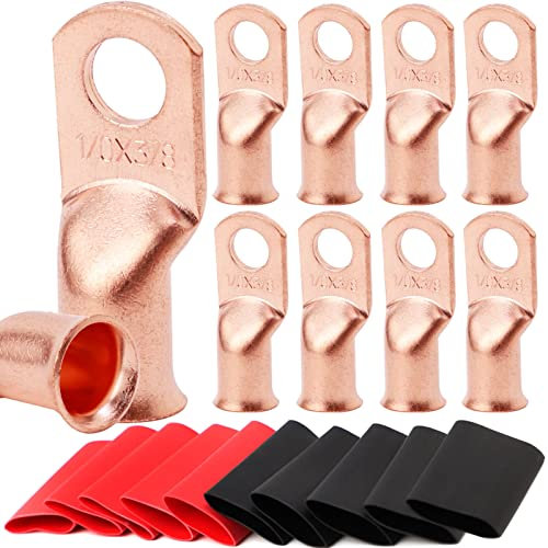 10pcs 1/0 AWG-3/8 Copper Wire Lugs,UL Listed Heavy Duty Battery Cable Ends,Tubular Ring Terminals,AWG Crimp Wire Ring Lugs with 3:1 Heat Shrink Tubing