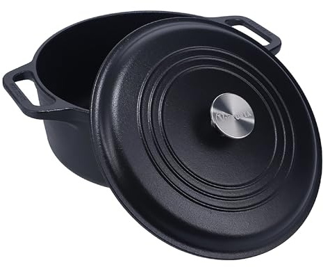 Victoria Horno Holandés Hierro Fundido Curado 27cm/ 5,7L, Inducción Cocotte Curada para Crear Antiadherente Libre de Tóxicos sin PTFE, Apta para Barbacoa, Horno, Vitrocerámica, Gas