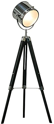 HOMCOM Industrial Style Adjustable Tripod Floor Lamp, Searchlight Lamp with Wooden Legs and Steel Lampshade, 110-155cm, Black