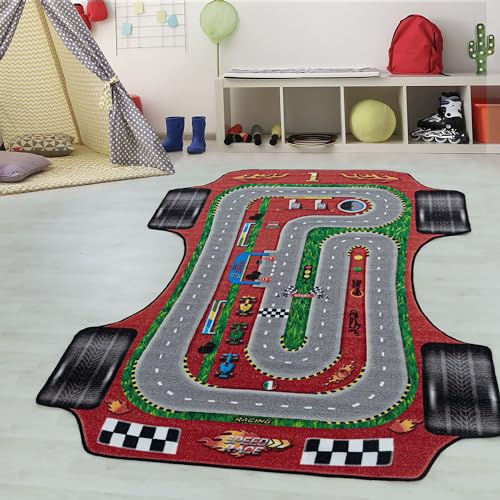 Kinderteppiche für Kinder Rennstrecke Rennauto Design Spielteppich Waschbar Jungen Teppich für Kinderzimmer Babyzimmer Spielzimmer Läufer Teppich in Farbe: Rot, Grösse: 80 x 120 cm