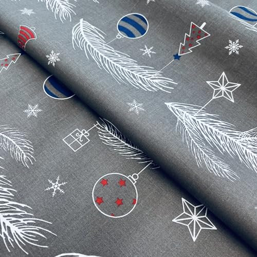 Weihnachtsstoff Tannenbaum Baumwolle Grau – Stoff Baumwolle Weihnachten mit Tannenzweigen & Christbaumkugeln, weihnachtliche Stoffe Meterware